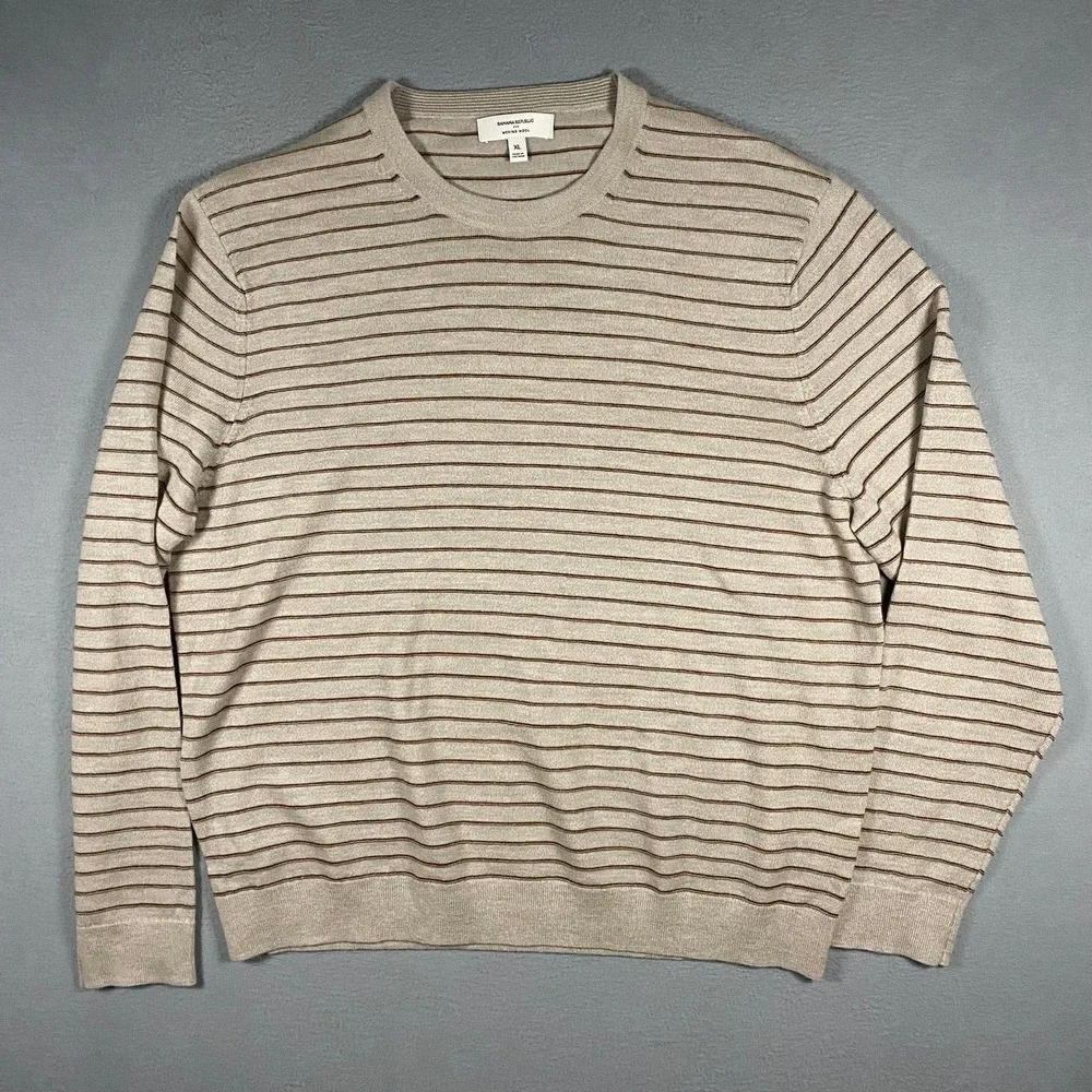 Banana Republic Sweater Mens XL Beige Striped 100% Merino Wool